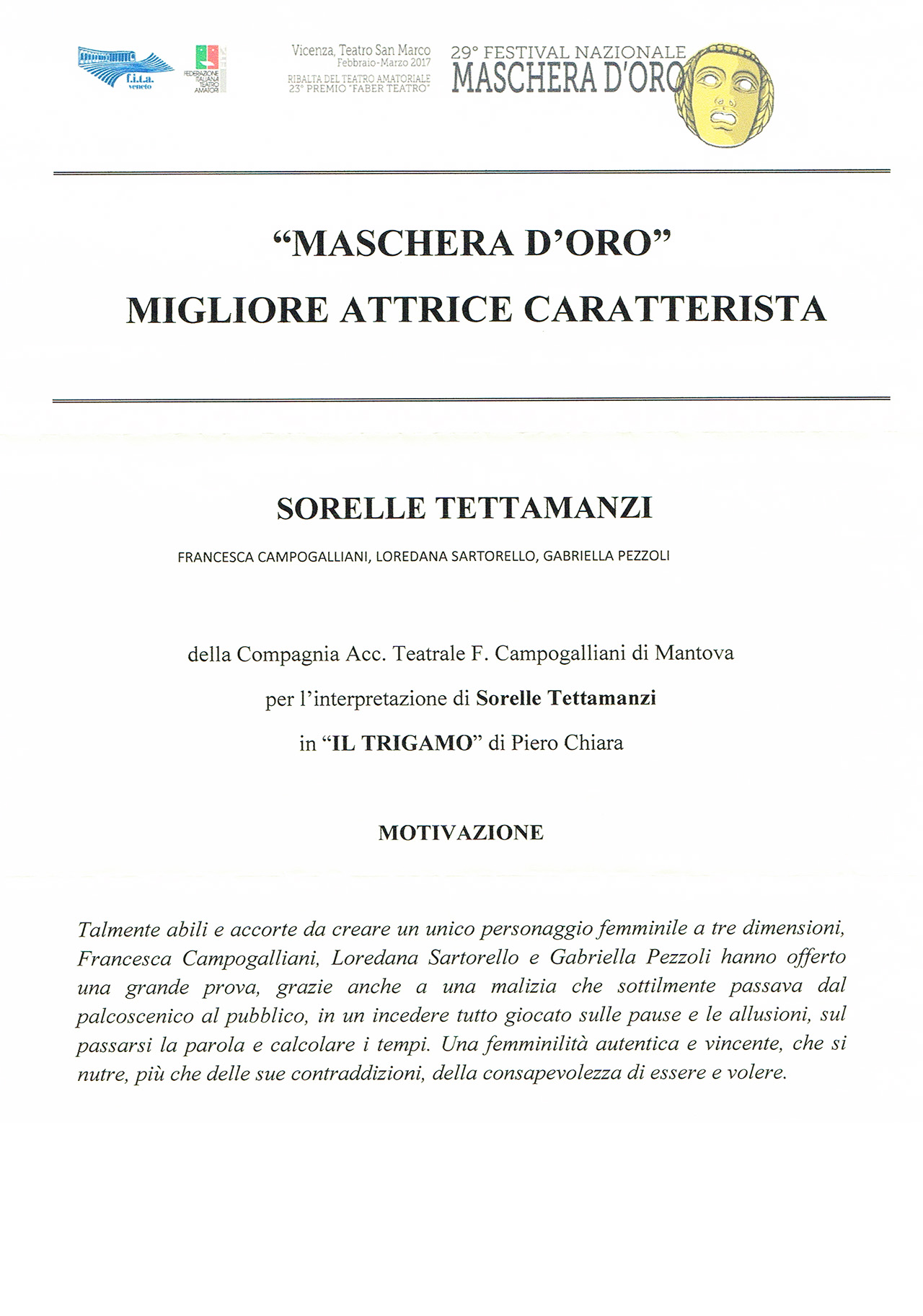 La premiazione delle attrici dalla Compagnia Teatrale “Francesco Campogalliani”